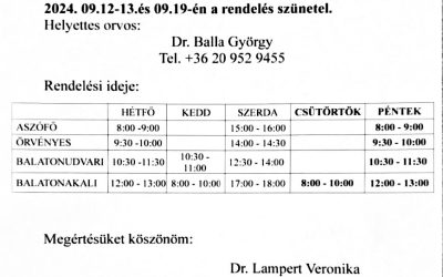 Orvosi rendelés szünetel 2024.09.12-13 között és 09.19-én