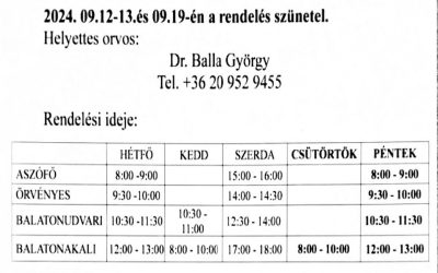 Orvosi rendelés szünetel 09.12-13 között és 09.19-én